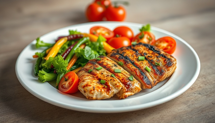 Plate of colorful grilled chicken and mixed veggies illustrating simplified nutritional guidelines.