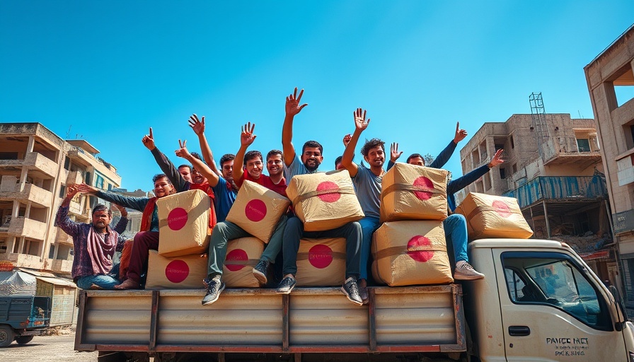 Aid distribution scene amid Gaza recovery, celebrating amidst destruction