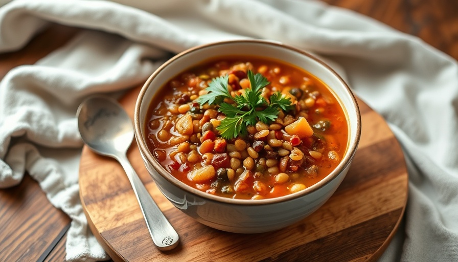 Chunky Lentil Farro Minestrone in a rustic bowl, garnished with parsley.