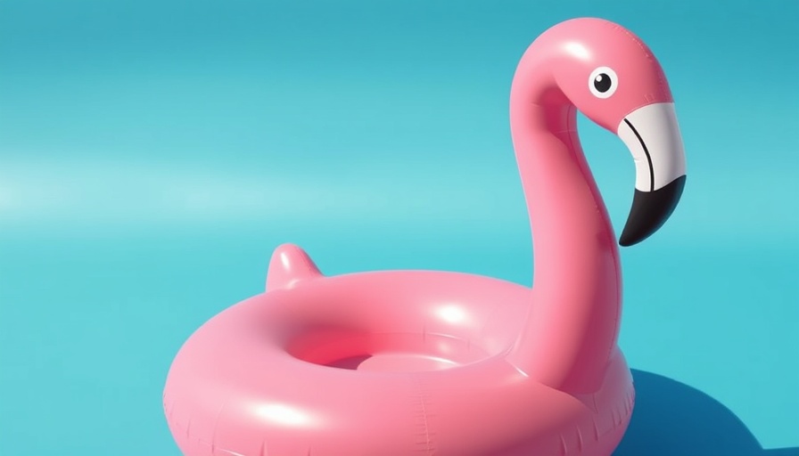 Deflated pink flamingo pool float on blue background symbolizing post-vacation blues.
