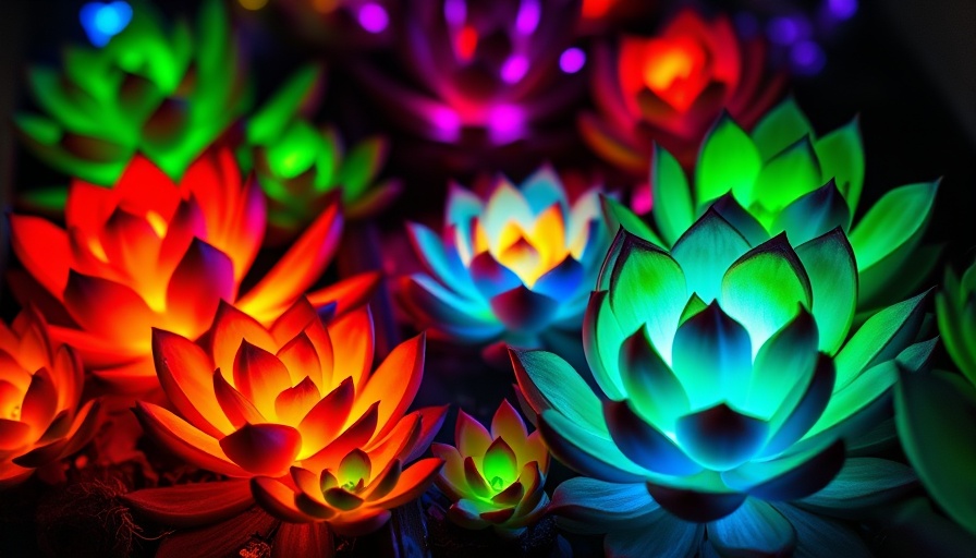 Collection of glow-in-the-dark succulents in vibrant colors.