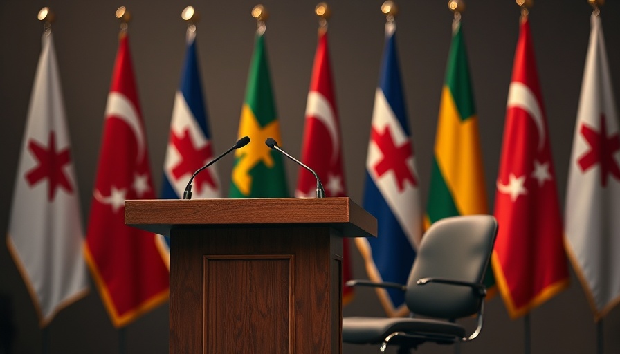 Joni Ernst not seeking re-election talk setup with podium and flags.