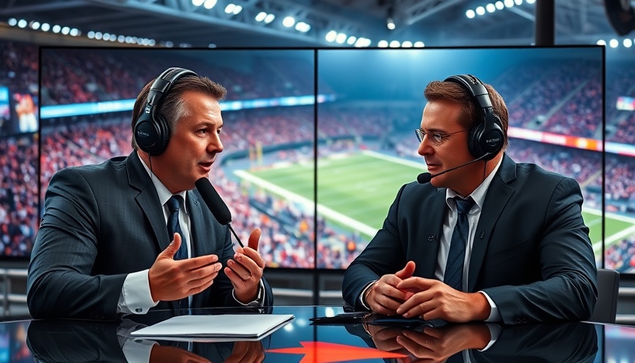 Sports commentators discussing college football scores on a vibrant set.