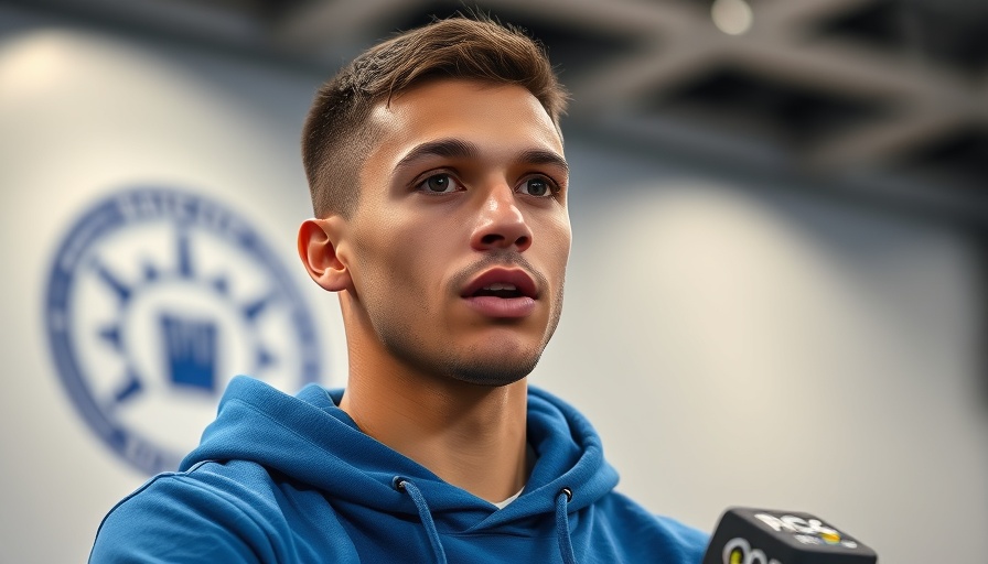 Young athlete speaking at press conference, blue hoodie, indoor setting