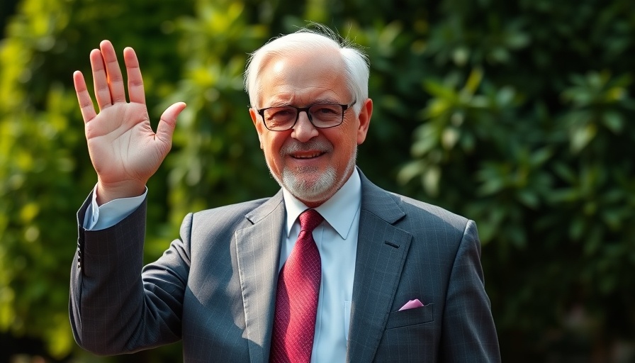 Older man in suit waving in lush green background, breaking US news.