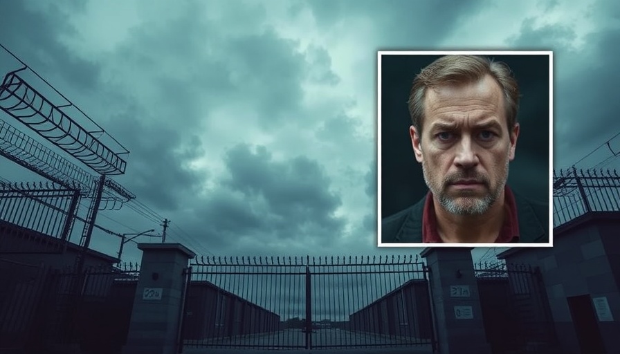 Prison entrance under overcast sky with inmate portrait inset.