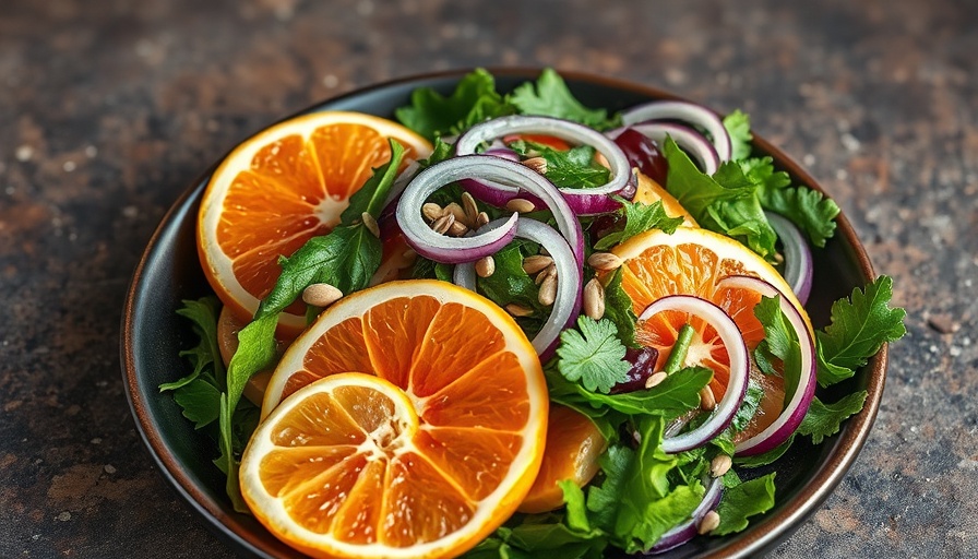 Vibrant filling salad with citrus slices and seeds on a plate.