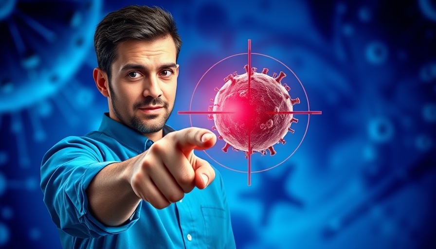 Man pointing at cancer cell illustration, symbolizing never get cancer concept.
