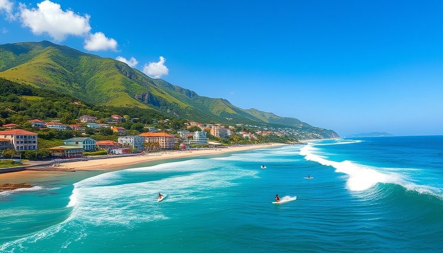Coastal town with surfers highlighting golden visa expansion investment opportunities.