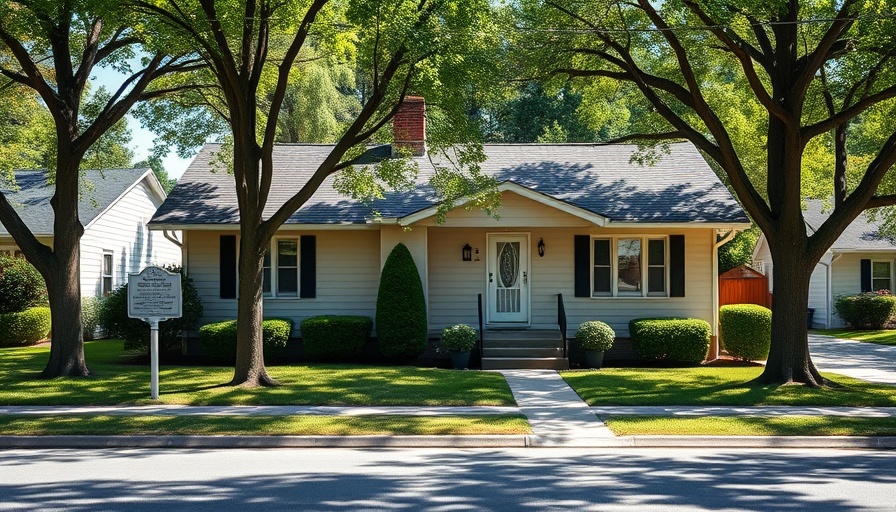 Charming mid-20th century home with red roof and historical marker.