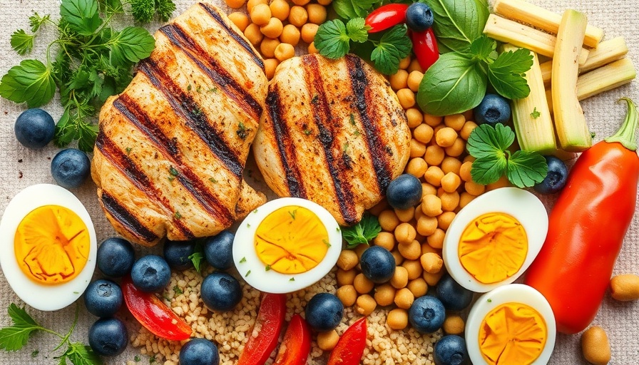 Protein-rich foods including chicken, eggs, and chickpeas for daily needs.