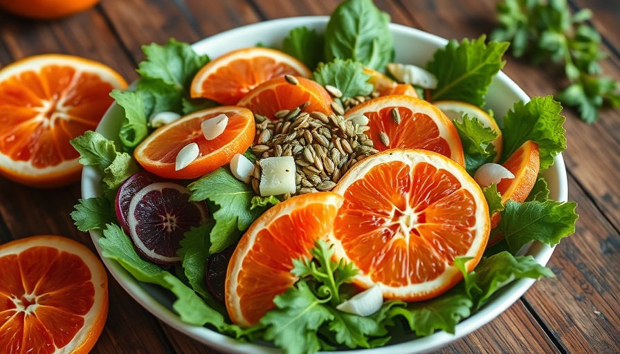 Colorful summer salad with greens, citrus slices, and seeds.