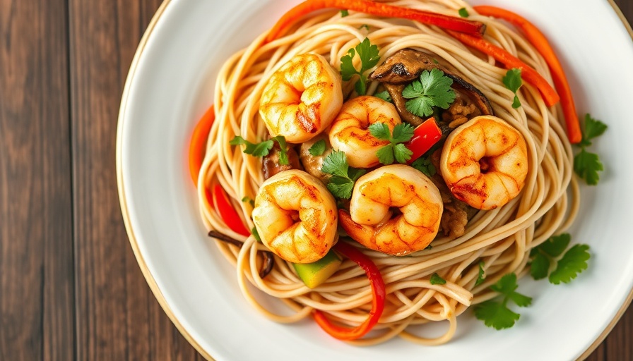 Fresh spicy peanut shrimp salad with edamame, carrots, and soba.