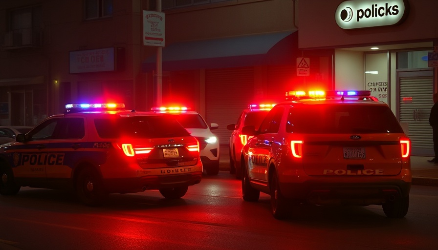 San Antonio police cars with flashing lights outside a business at night.