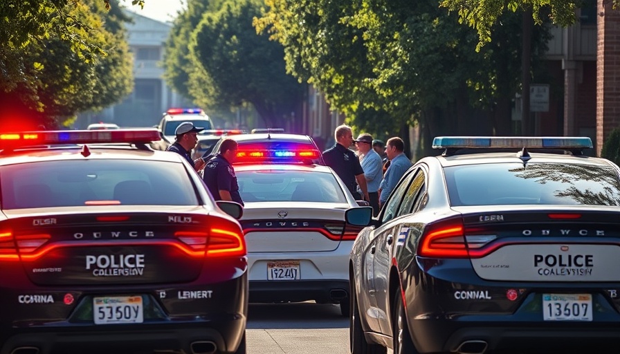 Police respond urgently in campus swatting incidents with patrol cars and officers.