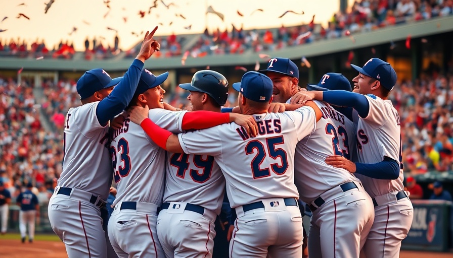 Texas Rangers celebrate winning streak in stadium.