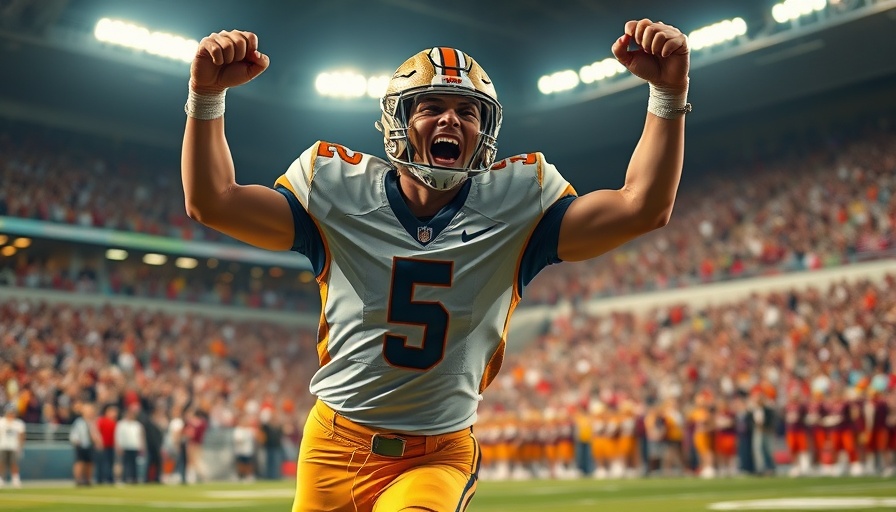 College football player celebrating touchdown in vibrant stadium setting.