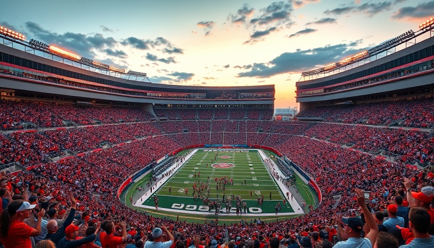College football scores displayed in a crowded stadium celebration.