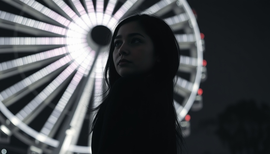 Silhouetted woman near illuminated Ferris wheel, contemplative night scene.