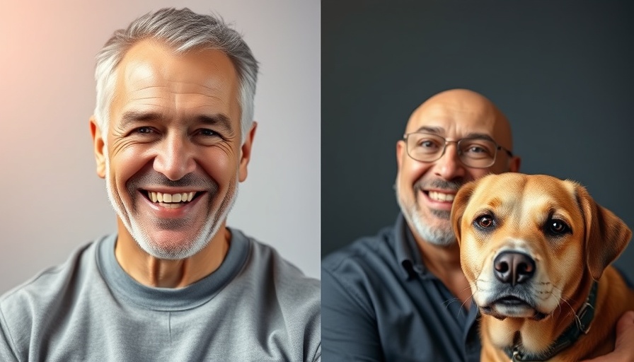 Plant-based diet success story illustrated by man and dog contrast.