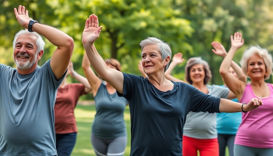 Older adults stretching at an outdoor health and wellness event.