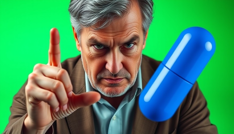 Man crossing fingers in front of large blue pill symbol, illustrating alternatives for fixing erectile dysfunction naturally.