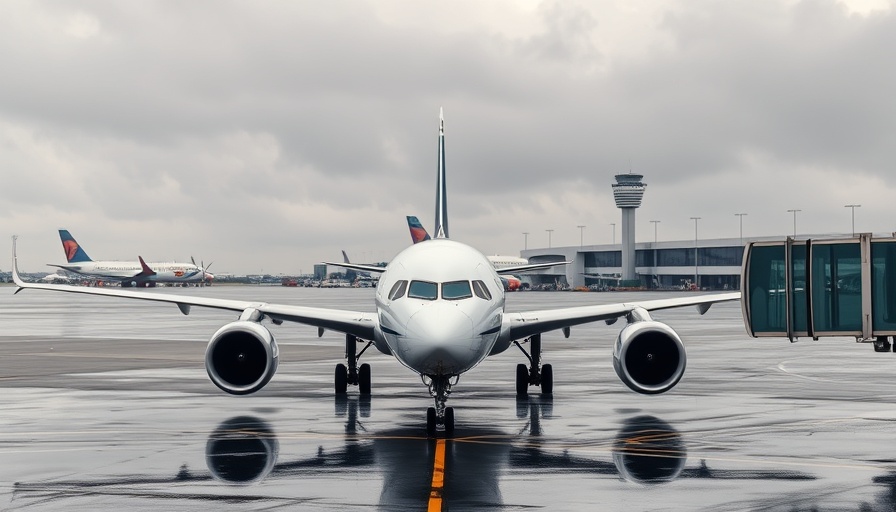 United Airlines plane parked during ground stop at Bush Airport due to storms.