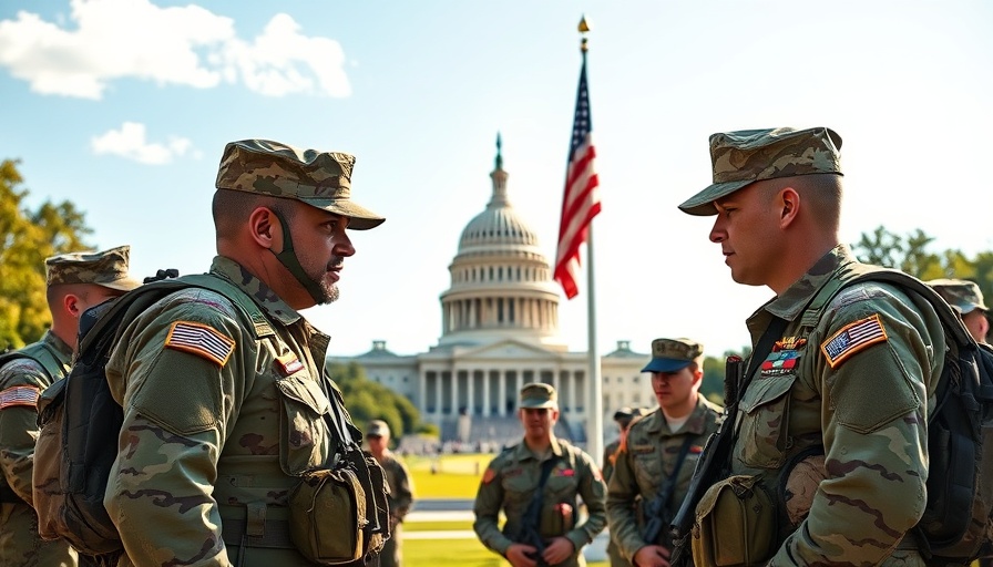 National Guard soldiers in Washington D.C. with U.S. Capitol and flag.