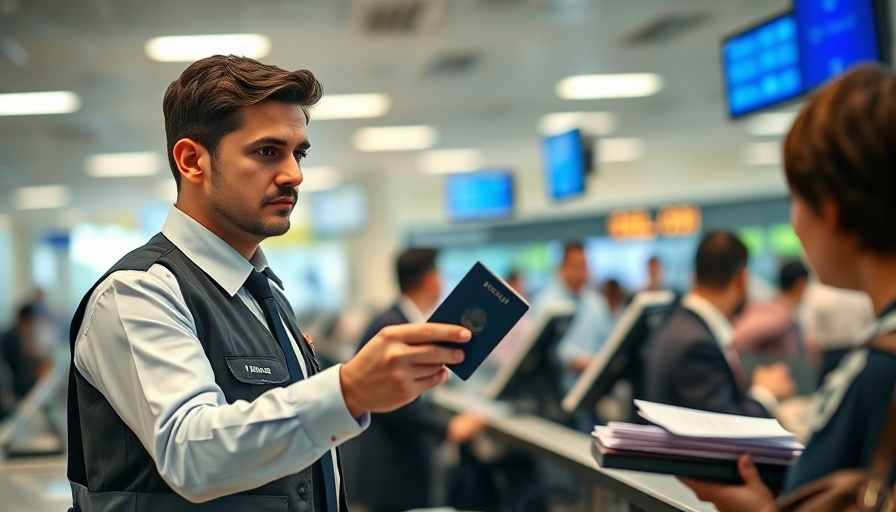 Airport immigration officer processing passport for Visa Integrity Fee for Foreign Travelers