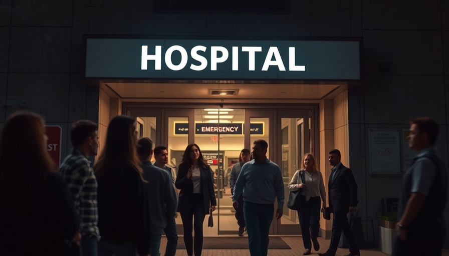 Gaza Hospital entrance at night with people addressing healthcare challenges.