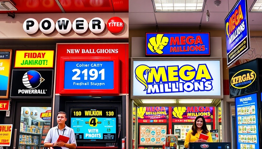 Collage of NY lottery stores with Powerball jackpot signs and attendants.