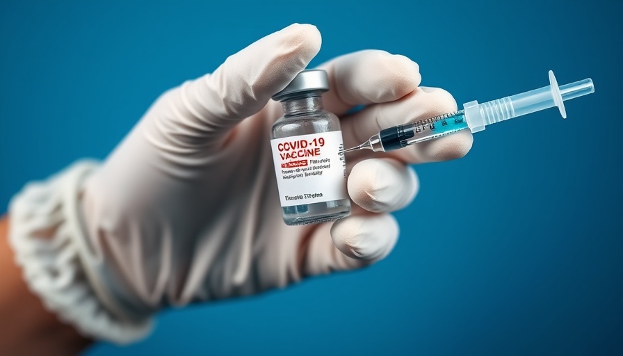 COVID vaccine access: Gloved hand with vaccine vial and syringe.
