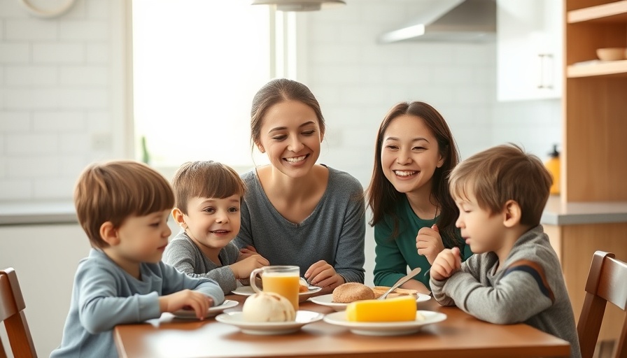 Family enjoying back to school breakfast in bright kitchen