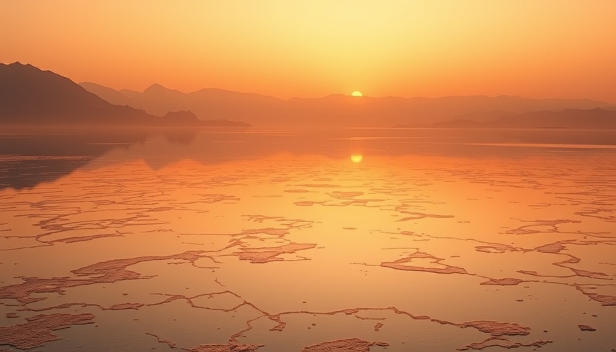 Alien lake on Titan with hazy sky and glowing reflections.