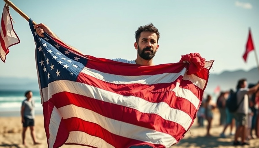 Protester holding a tattered American flag on a beach, symbolizing free speech.