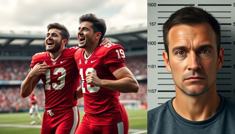 Football players celebrating and individual in mugshot, Michael Roen McCullough arrest context.