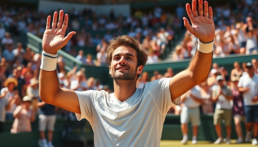 Tennis player celebrates win by saluting the audience on the court.