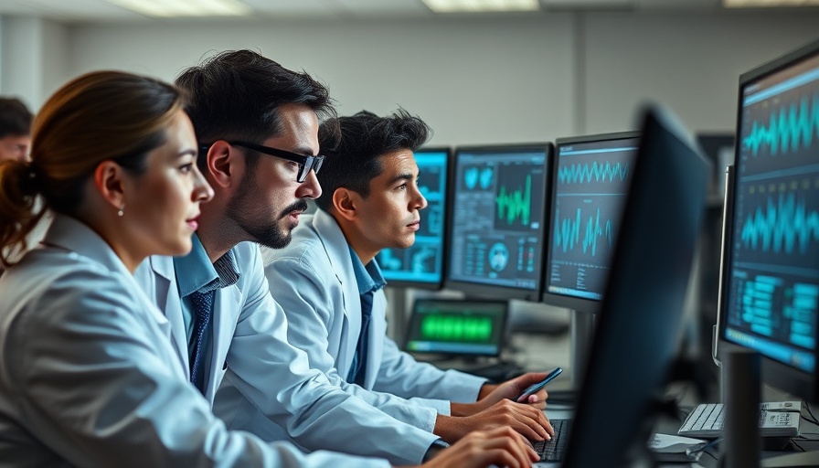 Researchers examining data on nerve signal processing in a lab setting.