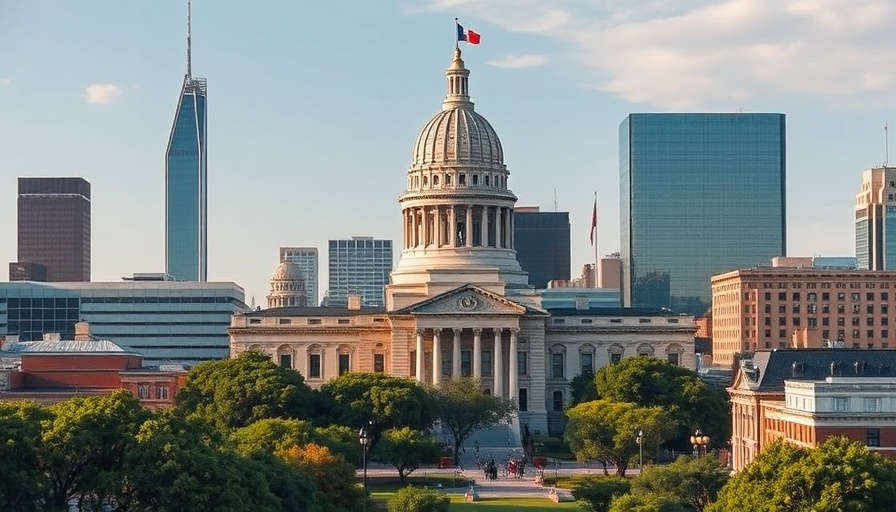 The Texas State Capitol with urban skyline, representing Texas quorum break penalties.