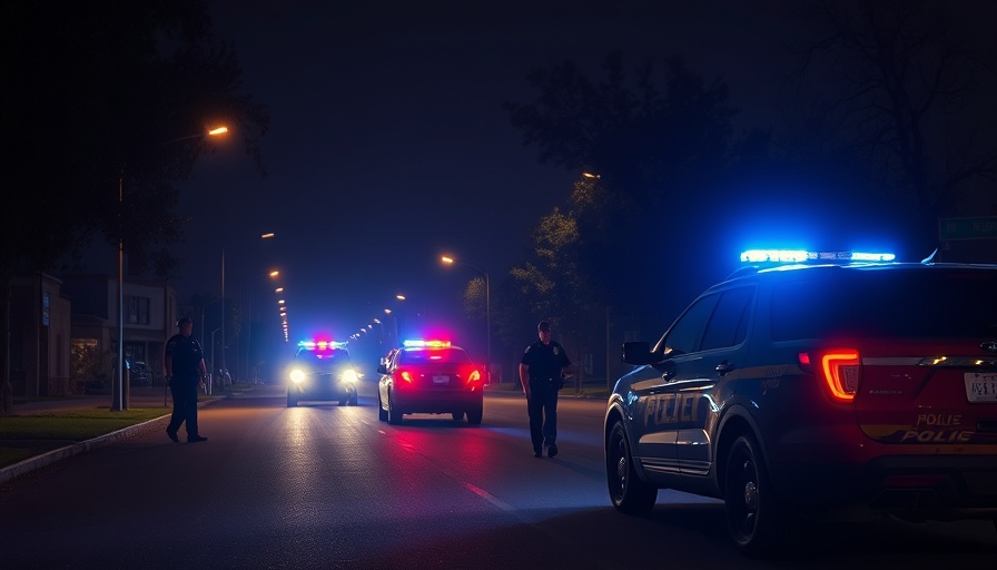 Police vehicles with flashing lights on a San Antonio street at night.