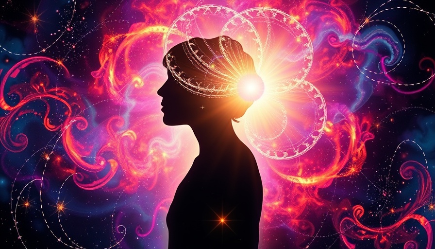 Silhouette in psychedelic colorful cosmic scene, cosmic visualization.