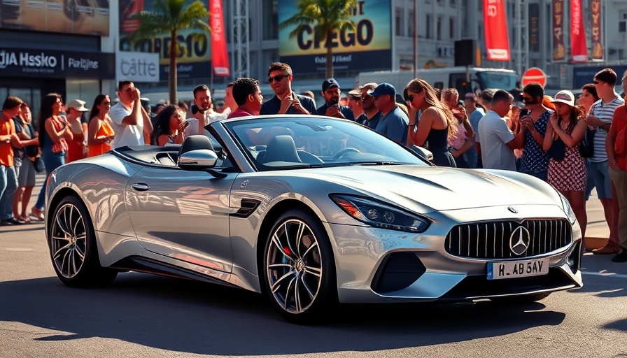 San Antonio local news event with silver convertible and crowd.