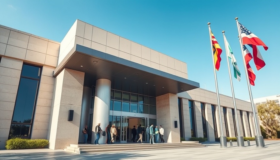 San Antonio business news, government building entrance with people.