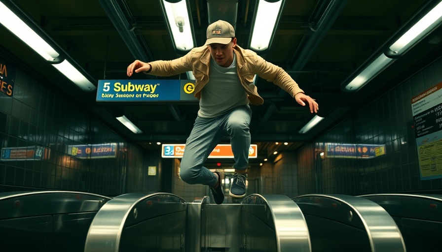 Young male jumping subway turnstile in New York City station.