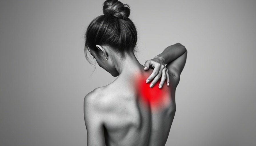 Woman holding back with red accent for myths about back pain.