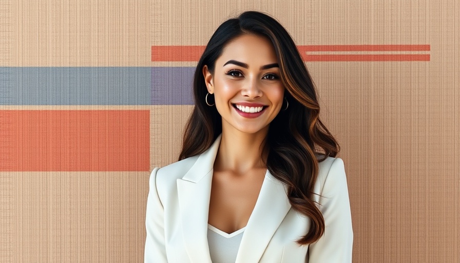 Elegant woman in white blazer smiling in patterned setting