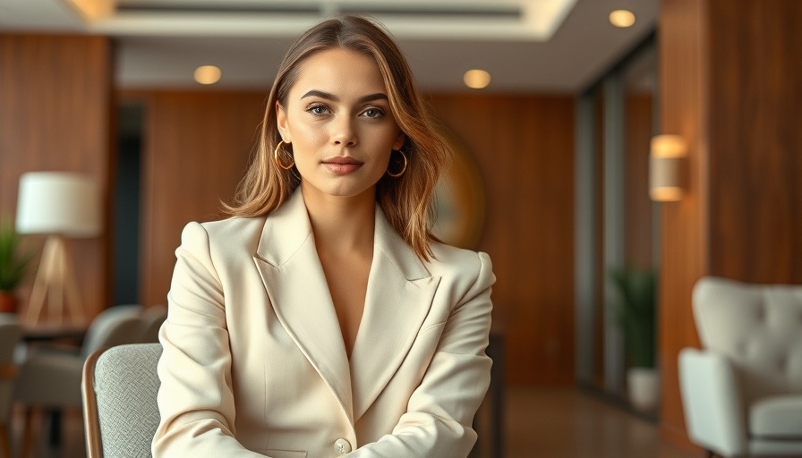 Elegant woman in cream outfit seated in a modern cozy interior.
