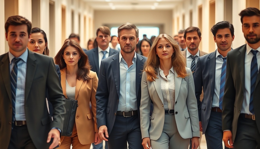 Group of serious individuals in hallway, political reactions.