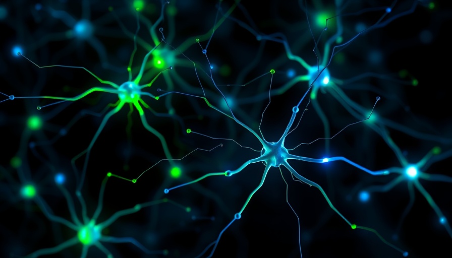 Neural connections with neon green and blue synapses, illustrating how aging drives neurodegenerative diseases.