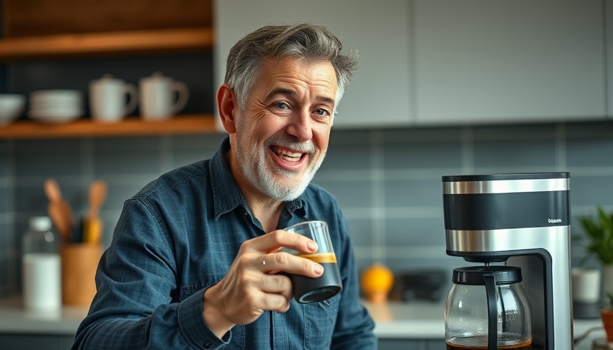 Smiling man highlights healthiest way to drink coffee, modern setting.
